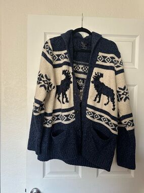 ABERCROMBIE & FITCH VTG fair isle cabin cardigan XL blue moose wool sweater
